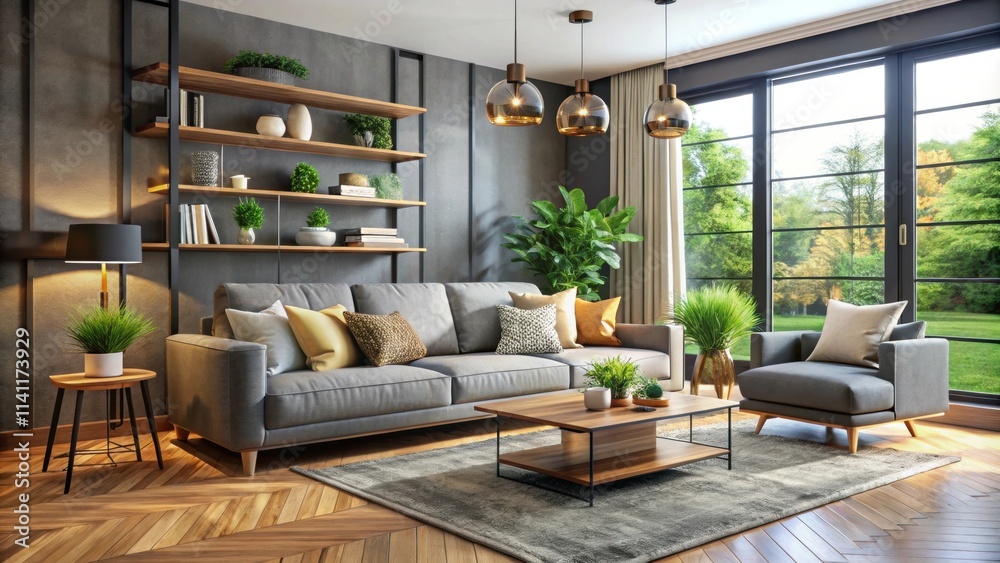 Stylish and inviting living room with a cozy sofa and modern decorative elements, perfect for relaxation and socializing Stylish and inviting living room with a cozy sofa and modern decorative elements, perfect for relaxation and socializing