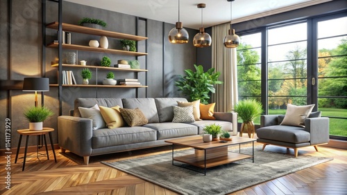 Stylish and inviting living room with a cozy sofa and modern decorative elements, perfect for relaxation and socializing