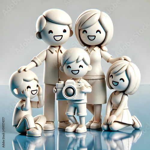 3D Family taking family portraits with camera capturing smiles and connection glossy background on left. concept as A joyful family taking family portraits with a camera capturing smiles and deep conn photo