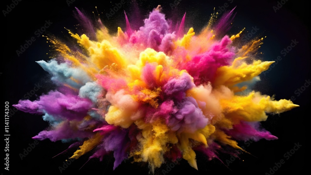 Abstract render of surreal explosion powder foam cloud in yellow, pink, and purple on black background, abstract,render, surreal Abstract render of surreal explosion powder foam cloud in yellow, pink, and purple on black background, abstract,render, surreal