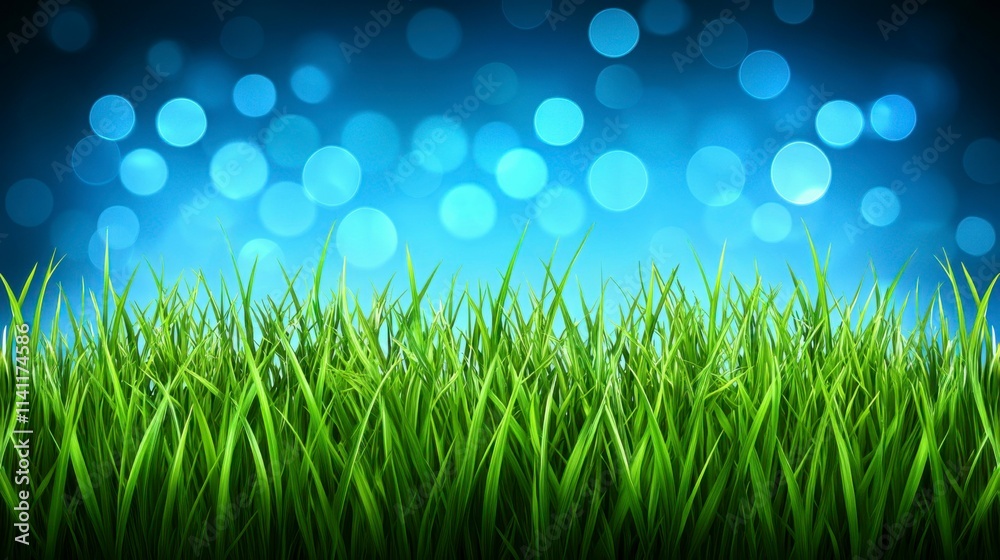 Fototapeta premium Abstract background with green grass, blue sky, and bokeh lights for World Environment Day, representing the beauty of nature and the collective effort to protect the planet.