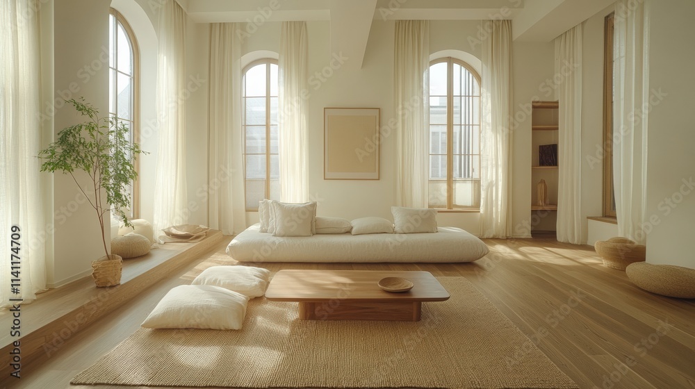 Obraz premium Minimalist living room design cozy apartment interior photography bright natural light modern style serenity and comfort