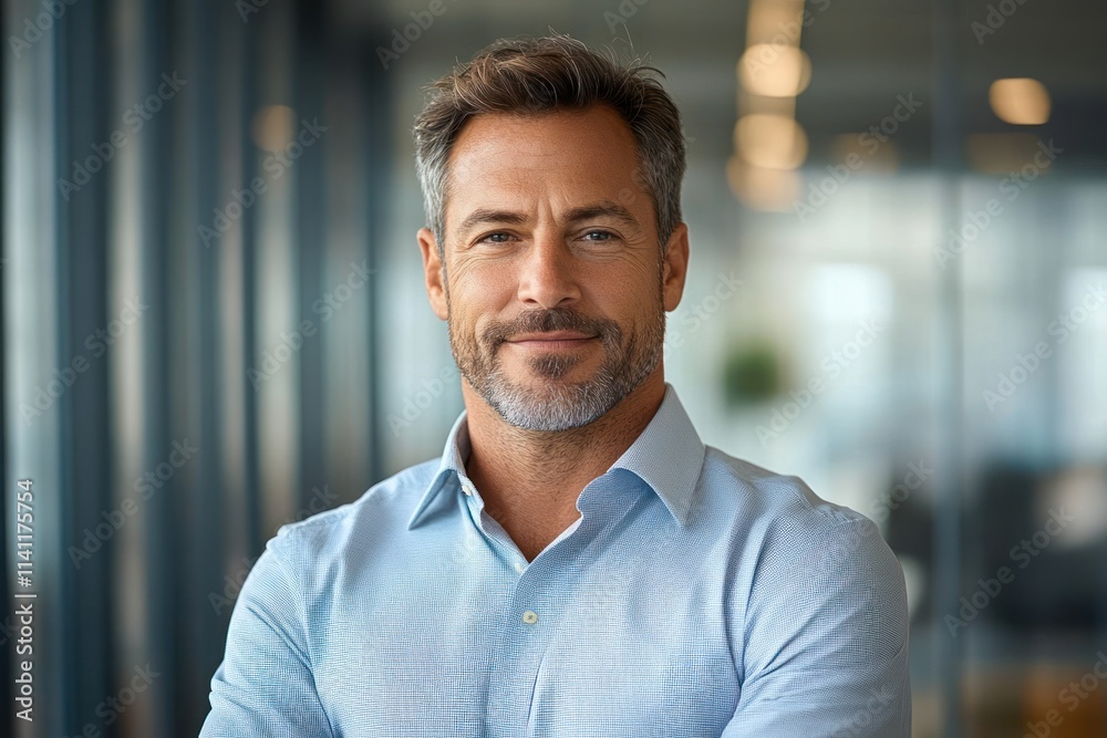 Confident middle aged businessman standing in modern office smiling at camera in professional portrait Confident middle aged businessman standing in modern office smiling at camera in professional portrait