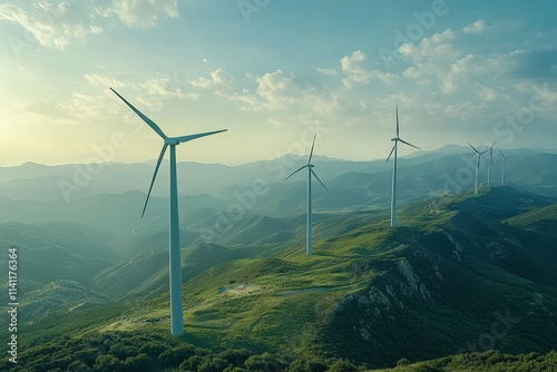 Renewable energy revolution wind turbines on rolling hills nature landscape clear sky perspective sustainable future photo