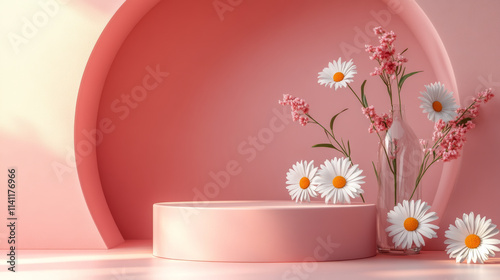 E-commerce product exhibition booth with floral background photo