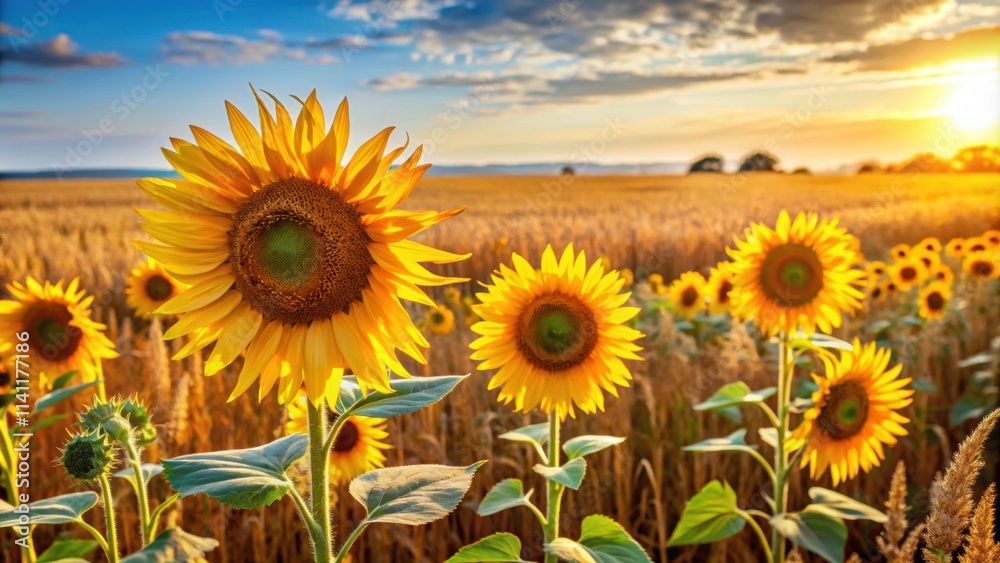 Fototapeta premium Tall sunflowers in the golden fields await harvesting their ripe seeds, promising a bountiful autumn harvest , sunflowers
