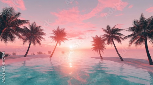 Serene Tropical Sunset with Palm Trees and Calm Ocean Water