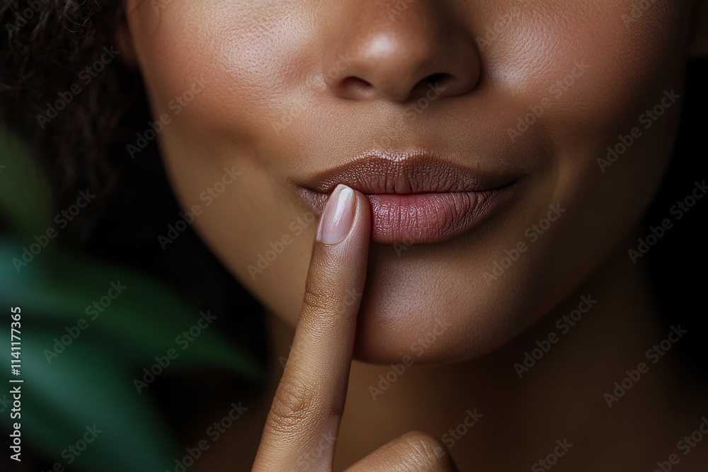 A woman with a dark skin tone is putting her finger in her mouth A woman with a dark skin tone is putting her finger in her mouth