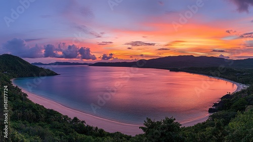 Serene Sunset Over Tropical Beach with Vibrant Colorful Sky
