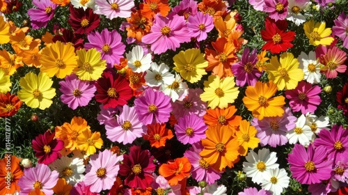 Vibrant Cosmos Flowers in a Beautiful Multi-Colored Floral Display