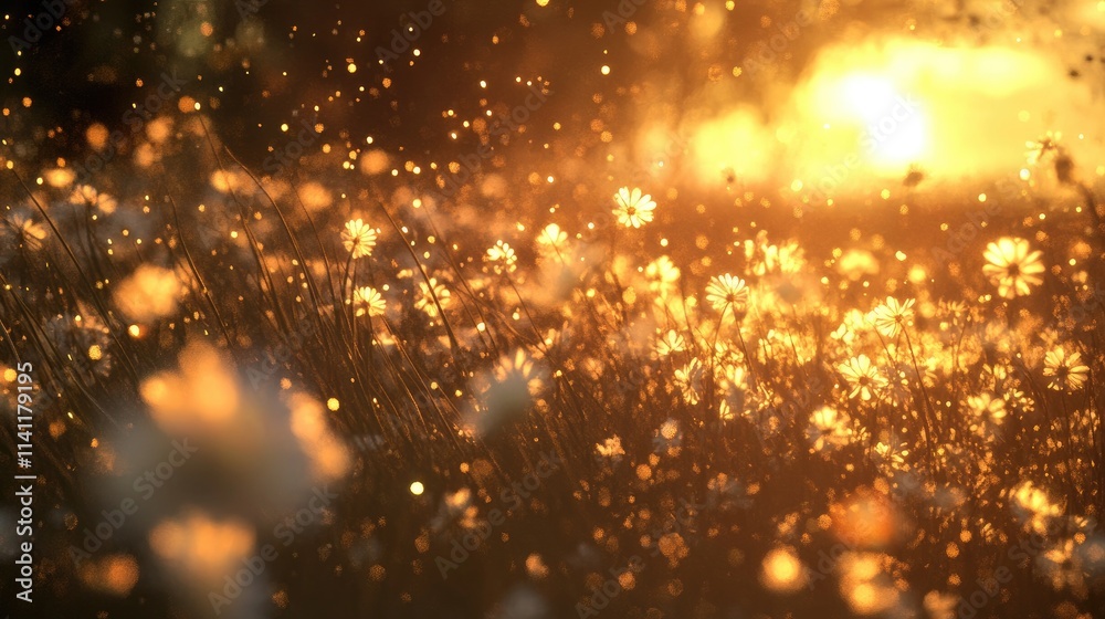 Naklejka premium Warm Sunset Light Illuminates Delicate Wildflowers in Meadow