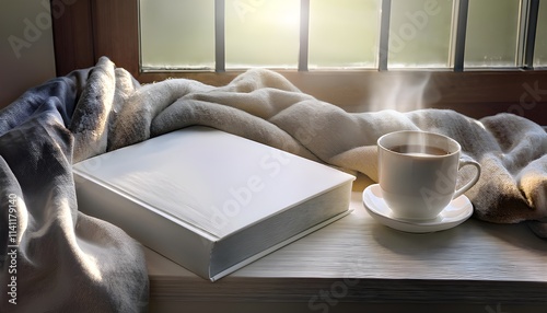 Illustrate a hardcover book mockup with a dust jacket design, displayed in a cozy setting