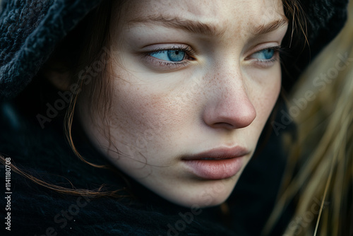 Portait of depressed young woman face, her eys look sad. Genrative Ai. photo