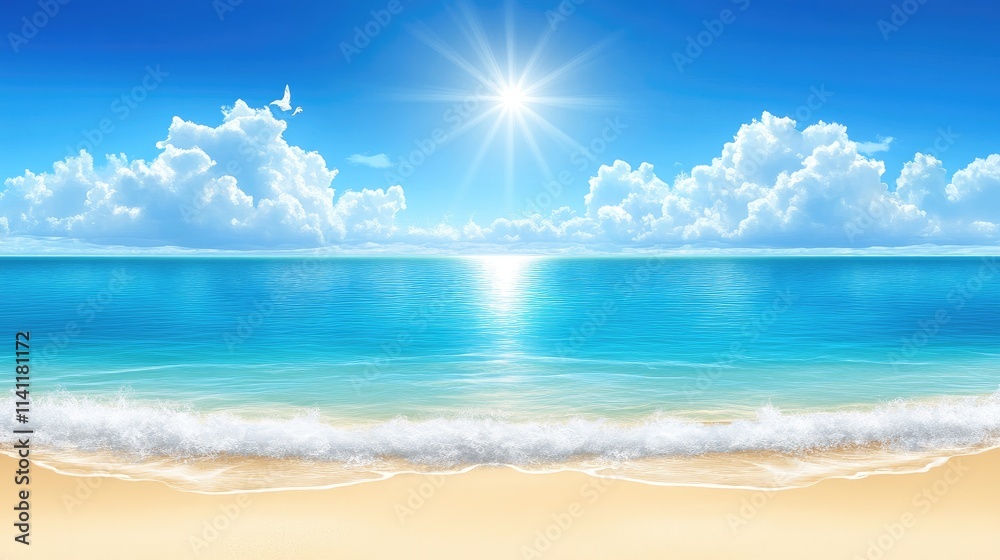 Serene Tropical Beach with Clear Blue Sky and Gentle Waves Serene Tropical Beach with Clear Blue Sky and Gentle Waves