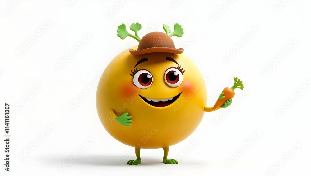 Yellow cartoon character with a hat holding a small carrot. Yellow cartoon character with a hat holding a small carrot.