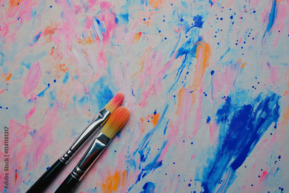 Obraz premium Paintbrushes and Paint on Colorful Canvas Background Top View