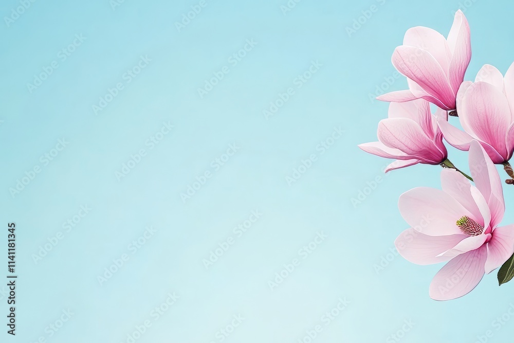 A blue background with a pink flower in the foreground A blue background with a pink flower in the foreground