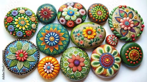 Decorative round stones with colorful floral and leaf designs , Stones, colorful, floral, leaf, decorative, collection