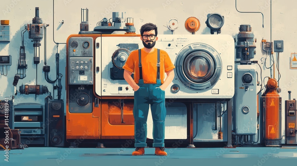 Fototapeta premium HVAC Technician Working on Vintage Air Conditioning Equipment Illustration