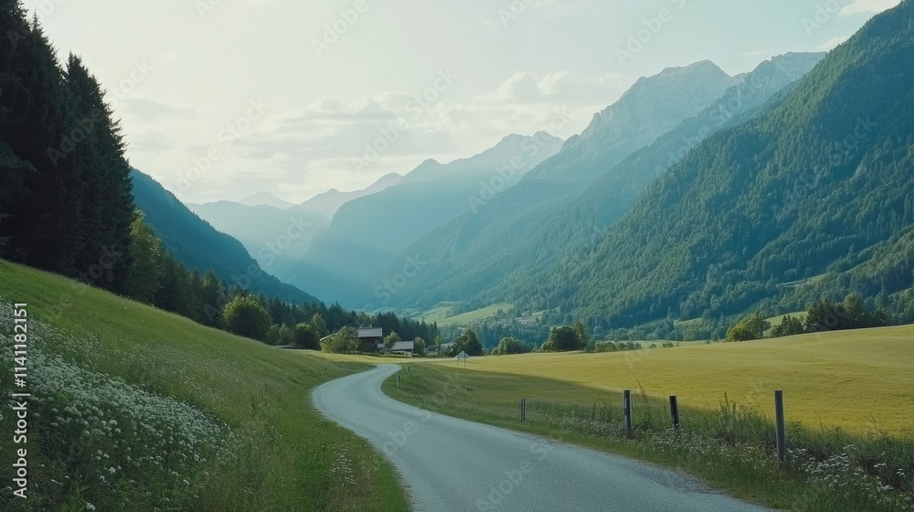 Serene Mountain Landscape with Winding Road and Lush Greenery Serene Mountain Landscape with Winding Road and Lush Greenery