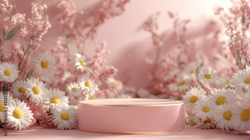 E-commerce product exhibition booth with floral background E-commerce product exhibition booth with floral background