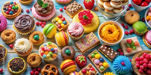 Variety of colorful confectionery and desserts , sweets, candies, treats, cupcakes, pastries, bakery, sugar