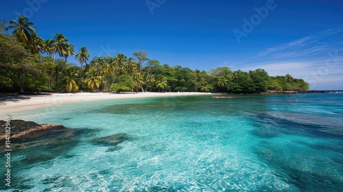 Serene Tropical Beach with Clear Water and Lush Green Palms