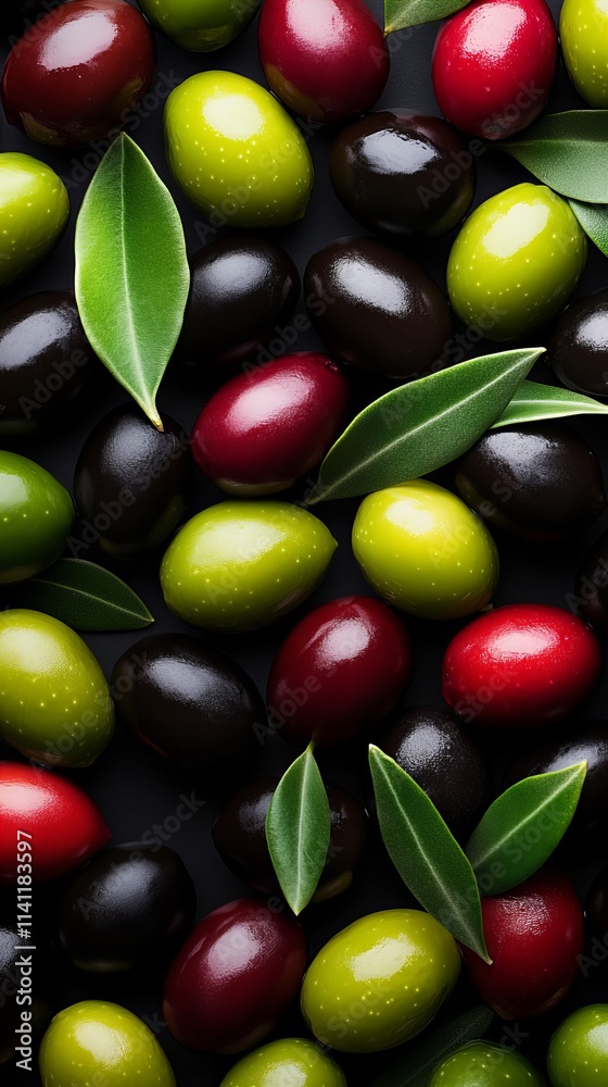A vibrant mix of green, black, and red olives, accented by fresh green leaves, creates a visually appealing and appetizing image. A vibrant mix of green, black, and red olives, accented by fresh green leaves, creates a visually appealing and appetizing image.