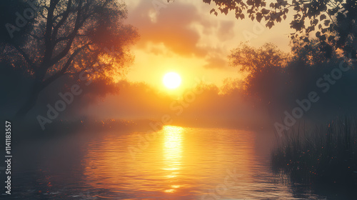 Sunrise over the river generative ai. Dawn. Illustration