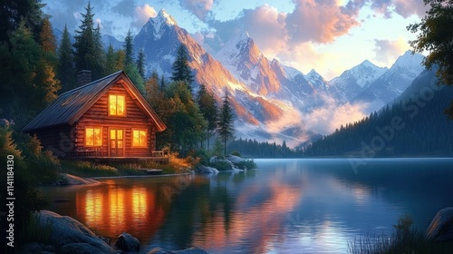 Cozy Cabin by the Lake at Twilight Surrounded by Mountains in Impressionism Style
