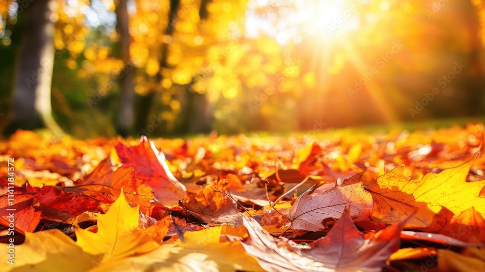 Vibrant Autumn Leaves on Ground with Sunlight in the Background Vibrant Autumn Leaves on Ground with Sunlight in the Background