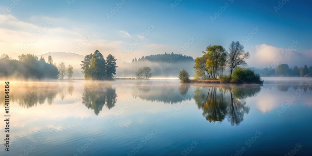 Fototapeta premium Serene misty lake with trees in background, serene, misty, lake, trees, nature, tranquil, calm, peaceful, reflection, water, fog