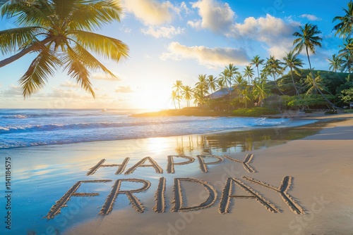 Beautiful Beach Scene with 'Happy Friday' Written in Sand at Sunrise