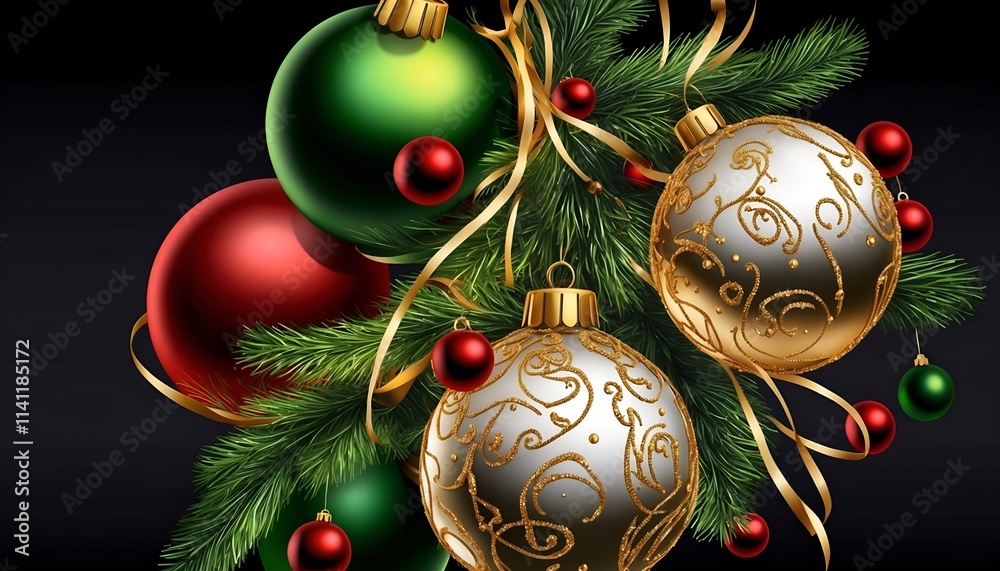 Christmas tree decorations scene with tinsel, green red golden xmas balls and glossy decorated ornaments, fir branches, on a dark background, wallpaper, card Christmas tree decorations scene with tinsel, green red golden xmas balls and glossy decorated ornaments, fir branches, on a dark background, wallpaper, card