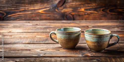 Two ceramic cups placed on a rustic wooden table , beverages, coffee, tea, mugs, rustic, wooden, table, drink, kitchen, home, cozy