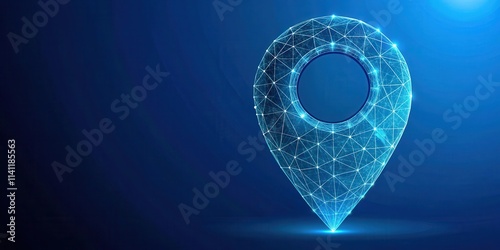 Location pin in low polygonal wireframe on blue background, technology, location, pin, low polygonal, wireframe photo