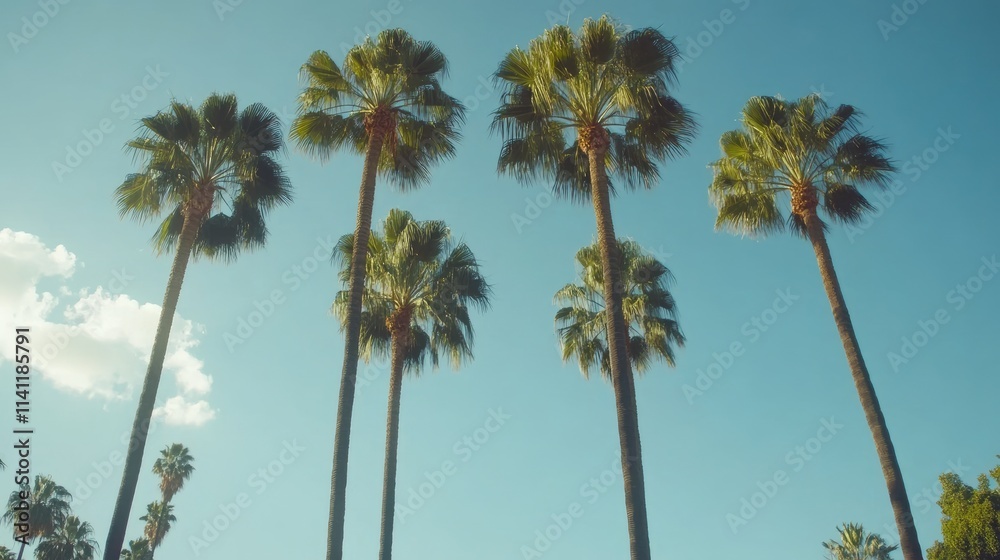 Lush Palm Trees Against Clear Blue Sky in Vibrant Tropical Setting Lush Palm Trees Against Clear Blue Sky in Vibrant Tropical Setting