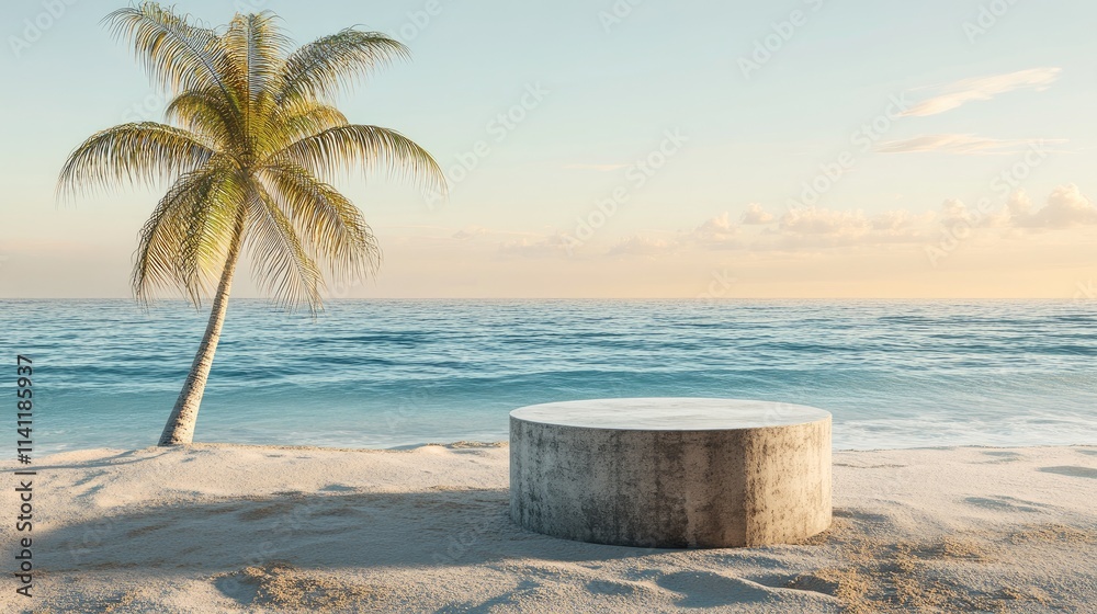 Serene Tropical Beach Scene with Concrete Platform and Palm Tree Serene Tropical Beach Scene with Concrete Platform and Palm Tree