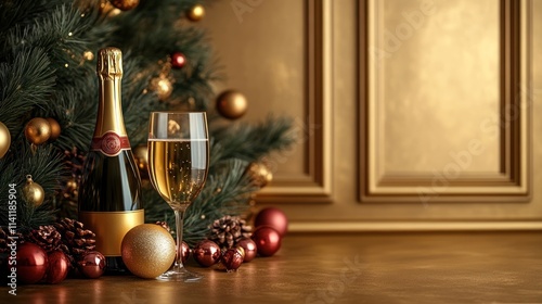 Festive champagne bottle and glass with Christmas ornaments and tree. photo