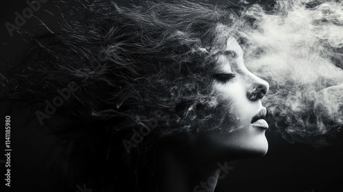 abstract woman face with flowing black hair and dramatic shadows exploring emotion and mental illness