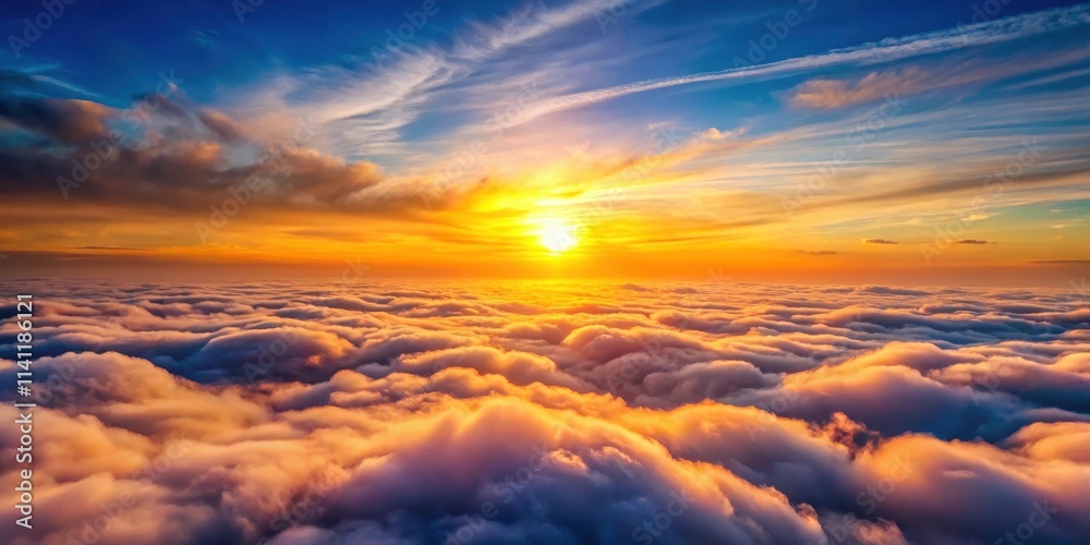 Obraz premium Above the clouds, a stunning sunset casts golden sun rays in an , clouds, sky, sunset, sun rays, flying, above