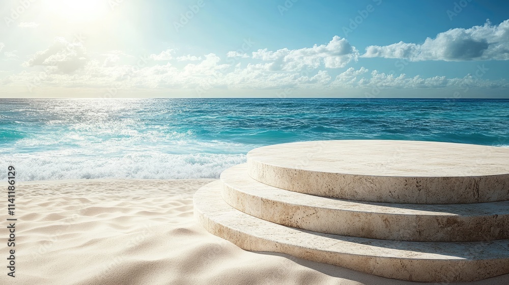 Obraz premium Serene Beach Scene with Steps Leading to Tranquil Ocean Water
