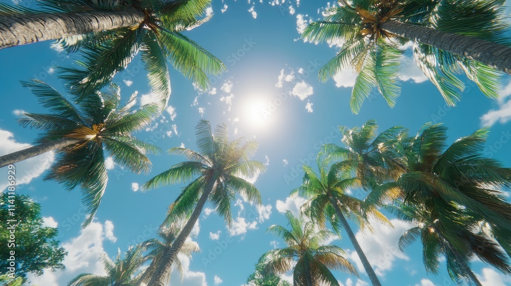 Tall Palm Trees Stretching Towards a Bright Blue Sky with Sunlight Tall Palm Trees Stretching Towards a Bright Blue Sky with Sunlight