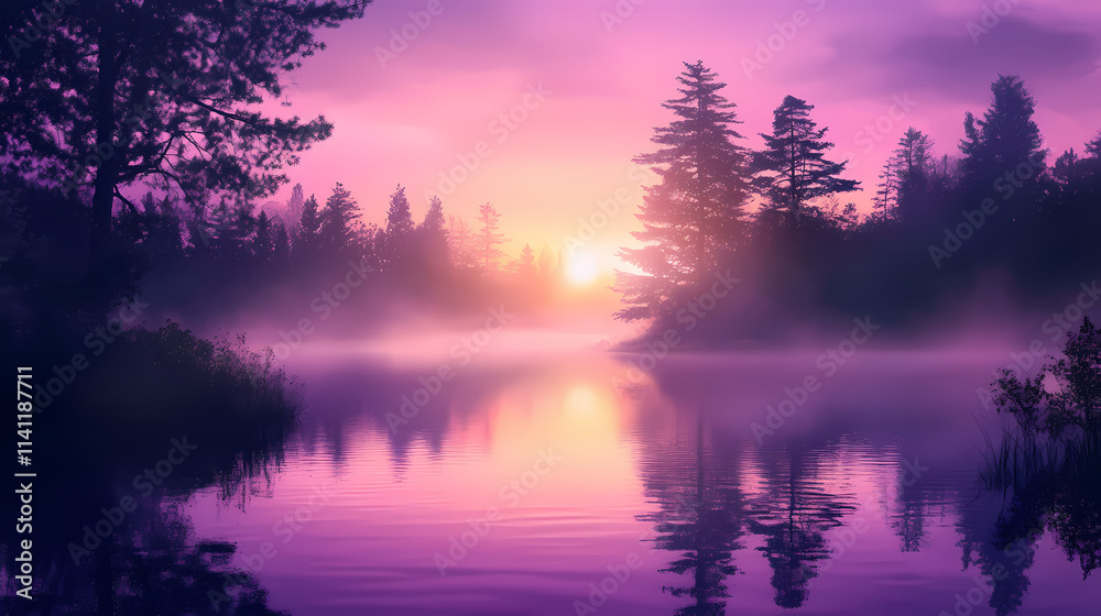 Fototapeta premium Serene sunrise over a misty lake reflecting vibrant purple and pink hues in a tranquil forest setting at dawn. Dawn. Illustration