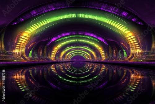 Abstract glowing tunnel with vibrant neon lights and reflective floor.