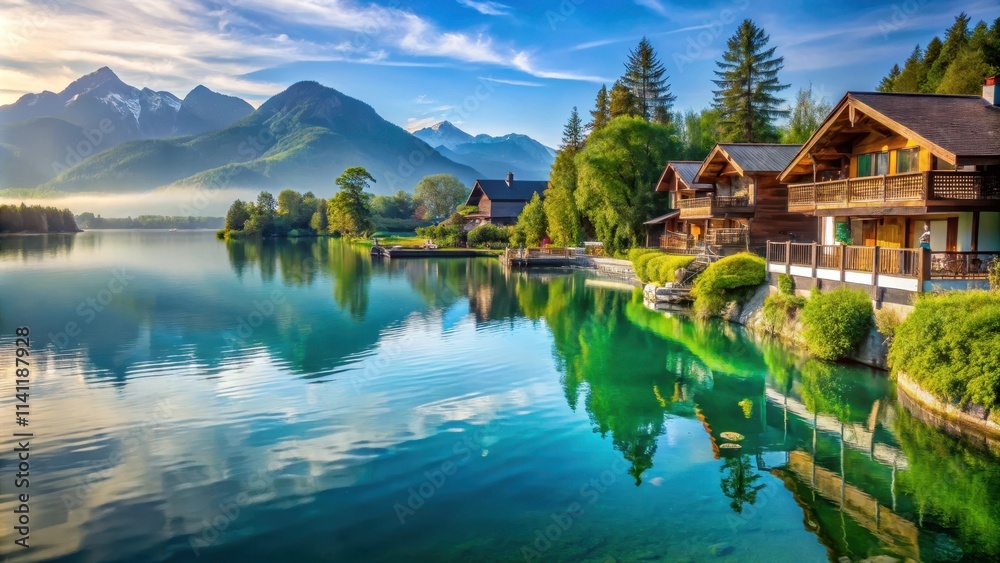 Fototapeta premium Serenity of a tranquil lakeside resort with picturesque views of the water and mountains, lakeside, resort, tranquil