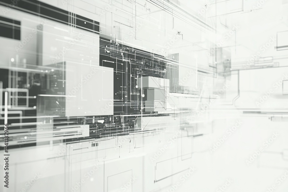 Fototapeta premium Abstract grayscale geometric shapes and lines, futuristic digital technology background.