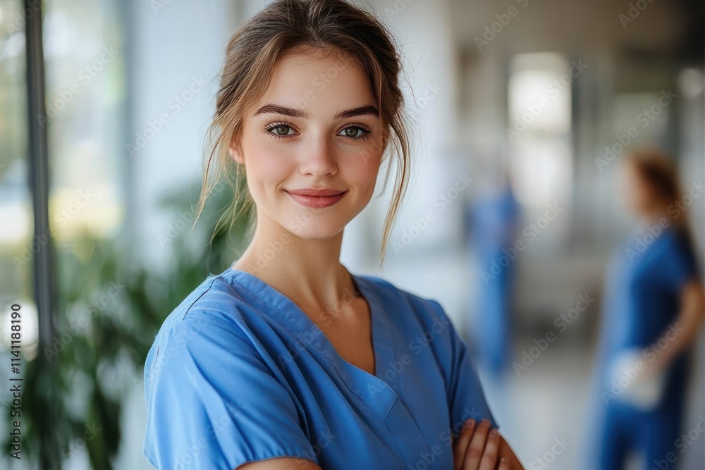 Confident Nurse in Blue Scrubs at Modern Hospital Corridor Confident Nurse in Blue Scrubs at Modern Hospital Corridor