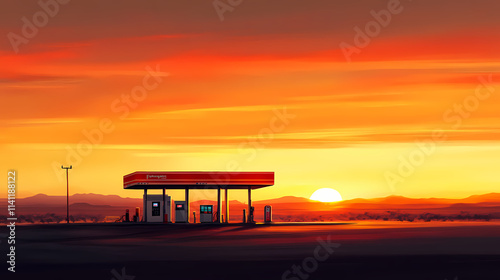 Silhouetted desert gas station at dawn with sunlit horizon. Dawn. Illustration photo