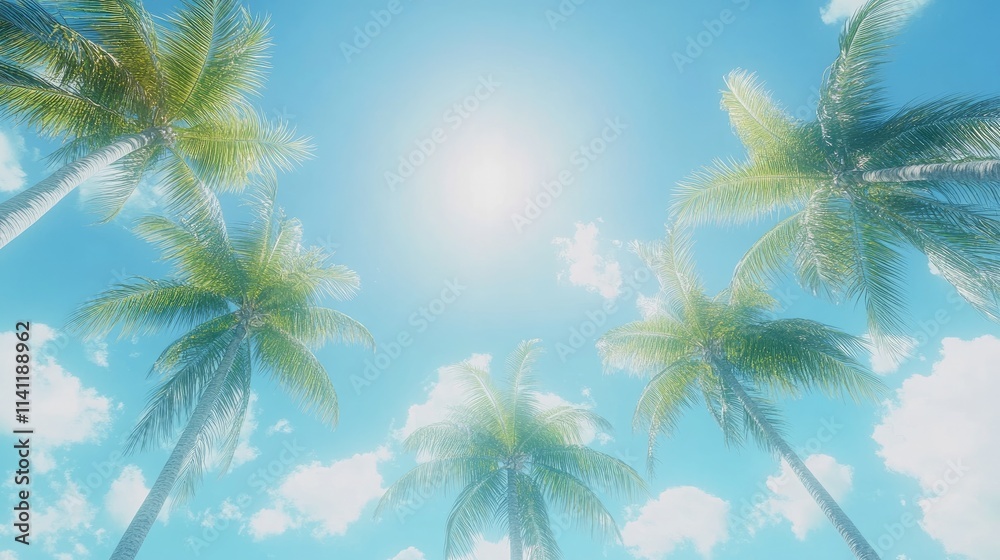 Fototapeta premium Serene Sky with Palm Trees and Bright Sunlight on a Tropical Day